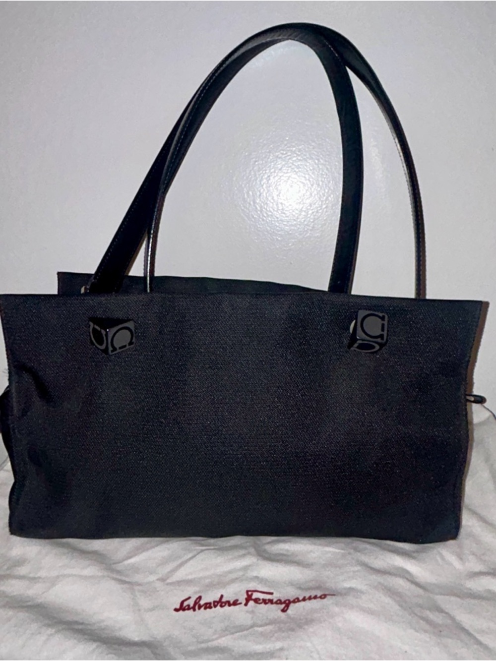 Salvatore Ferragamo Black Canvas Shoulder Bag with Leather Handles